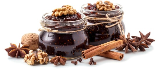 Poster - Homemade preserves of eggplant jam with walnuts cinnamon and cloves on a white background in a copy space image