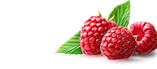 Wall Mural - Fresh ripe raspberry with green leaf on white background perfect as a copy space image