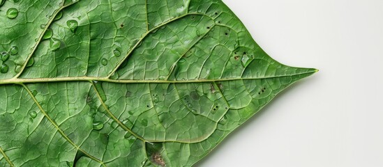 Poster - Fresh green leaf with insect bite marks creating a natural pattern on a copy space image