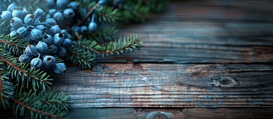 Poster - Wooden background with juniper berries offering copy space image
