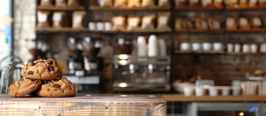 Poster - A blurred abstract background featuring a cake and cookie displayed on a coffee shop shelf in the copy space image