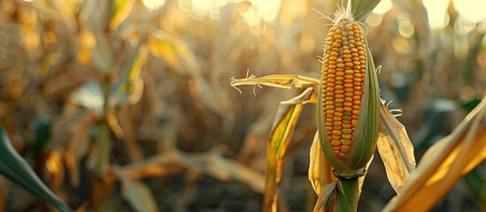 Poster - close up image of a corn cob on a stem in a field damaged by pests with plenty of blank space for te