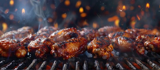 Aufkleber - Close up of chicken wings grilling with copy space image portraying a healthy cooking concept