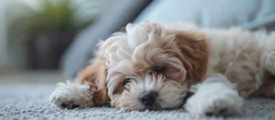 Poster - Maltipoo puppy resting in a modern environment with copy space image in a lovely home setting