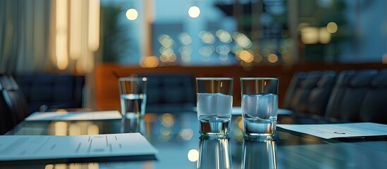 Poster - A table in the conference room is arranged with drinking glasses and white papers creating a formal setting with ample copy space image
