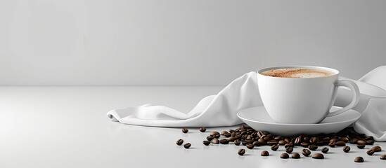 Poster - Hot coffee in a cup with coffee beans and copy space image