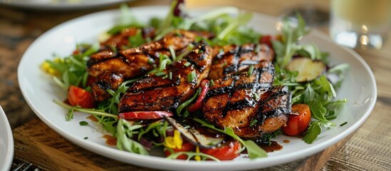 Aufkleber - A white plate features barbecued chicken meat on a salad with vegetables the image has selective focus for a professional appearance. . image with copy space