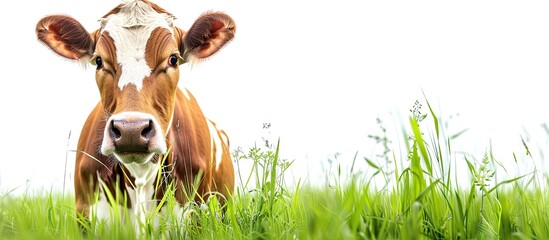 Poster - A cow stands in a grassy field with plenty of copy space image