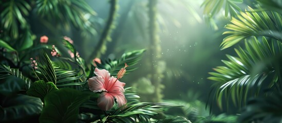 Poster - Flower blooming amidst lush greenery in the forest with copy space image available