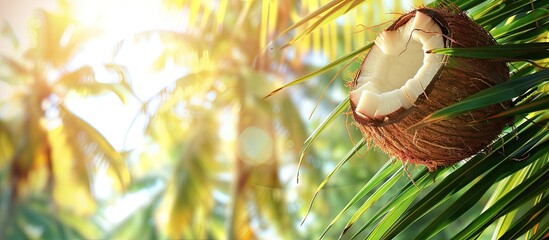 Poster - A fresh coconut hanging on the palm tree with a blank background ideal for copy space image