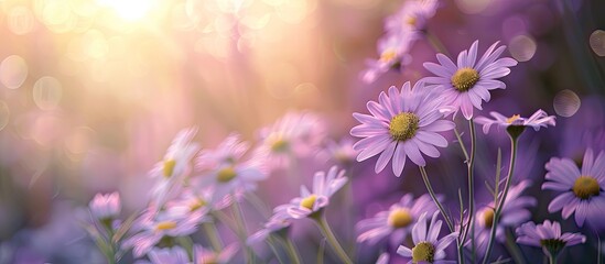 Poster - close up photograph of lilac chamomile flowers in a garden with copy space image