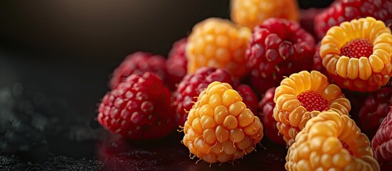 Poster - Close up photo of fresh red and yellow raspberries with copy space image