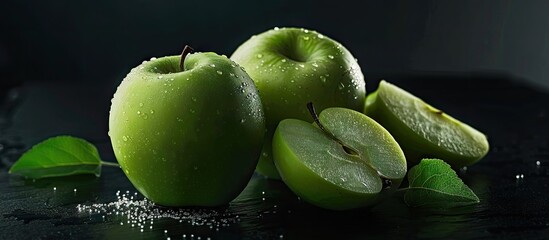 Poster - Green apples fresh and enticing presented in a side view with a whole apple and a slice displayed on a black backdrop in this appealing copy space image