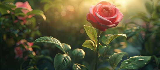 Poster - A rich pink rose stands against a backdrop of lush green and earth toned leaves in a sunny summer day providing copy space image