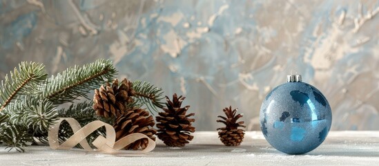 Poster - High quality photo featuring a Christmas arrangement with cones a blue glass ball and tape on a light background ideal for use as a copy space image