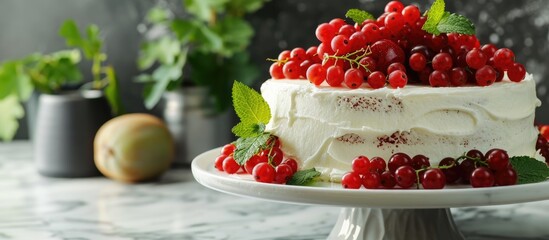 Poster - Close up image of a white cake adorned with red currants and mint leaves placed next to assorted fruits with copy space image