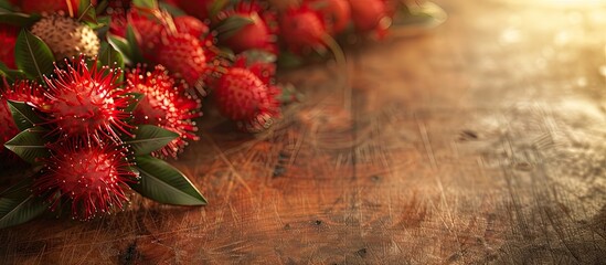 Poster - Exotic rambutan fruit displayed on a wooden surface with a background ideal for adding additional content like a copy space image