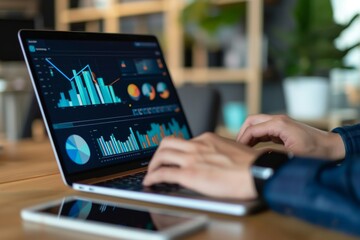 Poster - Close up of businessman using a laptop with graphs and charts on a laptop computer. Close up of businessman using a laptop with graphs and charts on a laptop computer. The mans hands can seen typing i