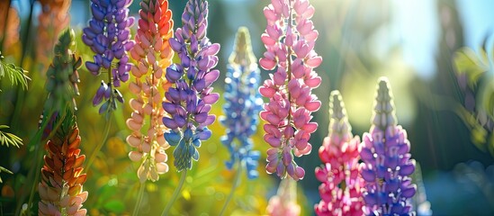 Poster - Colorful lupins hanging on a sunny day with a backdrop of green trees in a copy space image