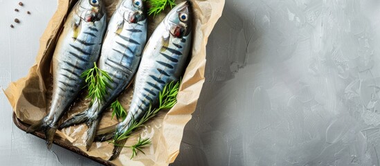 Aufkleber - Mackerel fishes neatly arranged on tray with copy space image