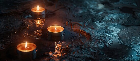 Poster - A few small candles burning on a dark surface with a clear paraffin coating creating a copy space image