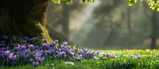 Poster - Spring flowers including purple crocuses blooming beneath a lush green tree framing a serene copy space image