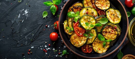 Poster - Enjoy a tasty Turkish dish of kabak cintmesi which features roasted zucchini drizzled with olive oil perfect for a culinary delight with a copy space image
