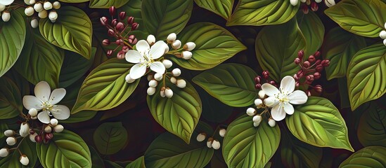 Poster - Detailed image showing white flowers blossoming from maroon red buds set against vibrant green leaves of Viburnum tinus Spirit with ample copy space image