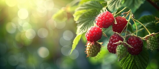 Poster - Ripe raspberry branch in garden with selective focus and shallow depth of field perfect for copy space image