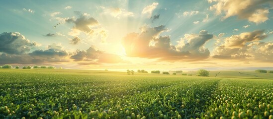 Poster - a picturesque agricultural landscape in spring featuring a soybean field in the ripening stage with 
