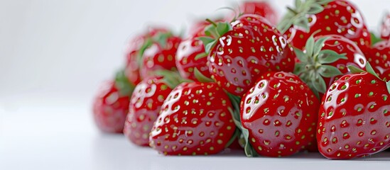 Poster - Close up image of a bunch of vibrant Dutch strawberries on a white backdrop with ample copy space image