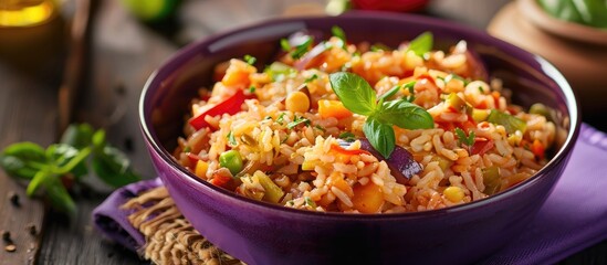 Poster - A detailed image of pilaf with vegetables and cheese in a purple bowl with copy space image