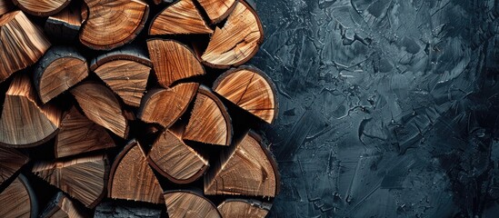 Poster - Stack of cut firewood for heating and storage purposes showing the concept of heating with copy space image