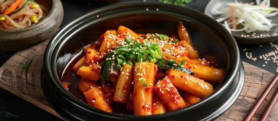 Poster - Korean dish featuring pickled bamboo stalks and carrots perfect for food photography with copy space image