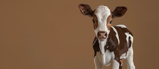 Poster - A few days old Holstein Freisian calf with brown and white patches set in a background with copy space image