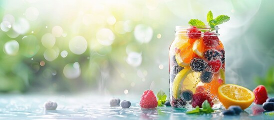 Poster - Refreshing detox water with a mix of fresh summer fruits like berries and citrus perfect for a light and healthy drink option ideal for a copy space image