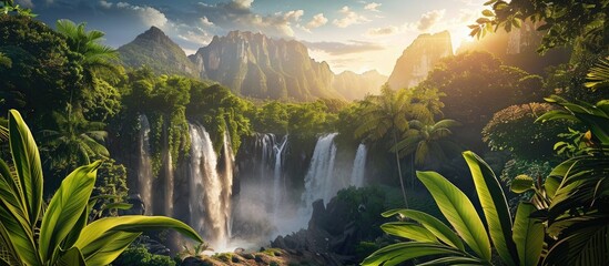 Poster - Majestic waterfalls embraced by lush rainforest at sunrise with distant mountains in view perfect for a copy space image
