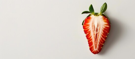 Poster - A sliced strawberry displayed on a white backdrop to emphasize the detail with room for additional designs in a copy space image