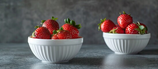 Poster - Strawberry filled bowls presented on a grey tabletop with ample copy space image provided