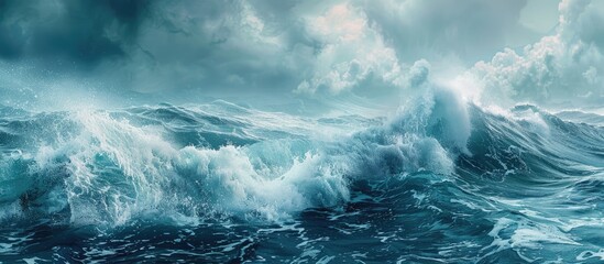 Poster - Panoramic format of stormy blue sea with breaking wave copy space image