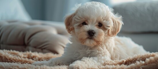 Poster - Maltipoo puppy resting in a modern environment with copy space image in a lovely home setting
