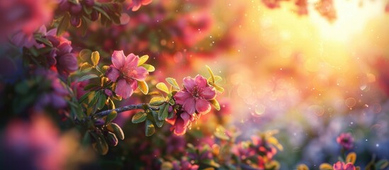 Poster - Vivid blossoms during a charming garden sunset with copy space image