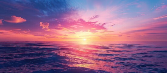 Poster - Twilight on a summer evening with a colorful sunset sky casting a beautiful array of blue purple pink and orange hues over the sea horizon in a picturesque landscape perfect as a copy space image