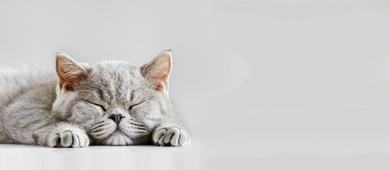 Poster - Young cute British Shorthair cat peacefully asleep in a photograph with a blank space for text or graphics. . image with copy space