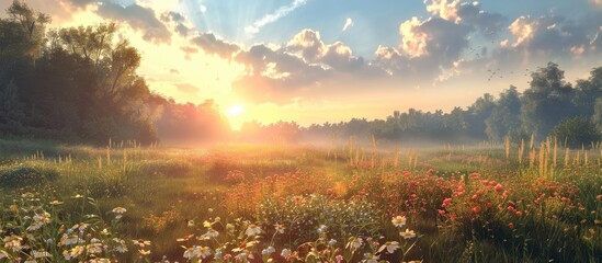 Aufkleber - A serene landscape at sunset featuring a blooming meadow in the foreground tree silhouettes in the background clear blue skies with sunbeams and a high dynamic range panorama capturing the autumn sun
