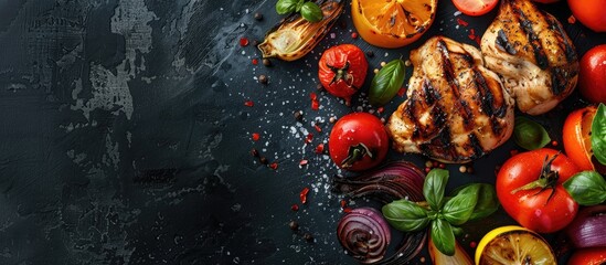 Poster - Delicious grilled vegetables and chicken create an appetizing copy space image