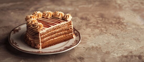 Poster - Delicious cake on a plate with a swirling design and copy space image