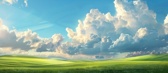 Poster - A scenic landscape with a bright green field and dramatic clouds on a blue sky perfect for a copy space image