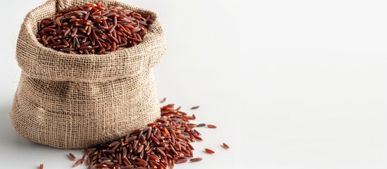 Poster - Bag of wild red rice on white backdrop with copy space image