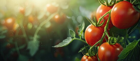 Poster - Detailed close up image of fresh tomatoes hanging on a plant with copy space image